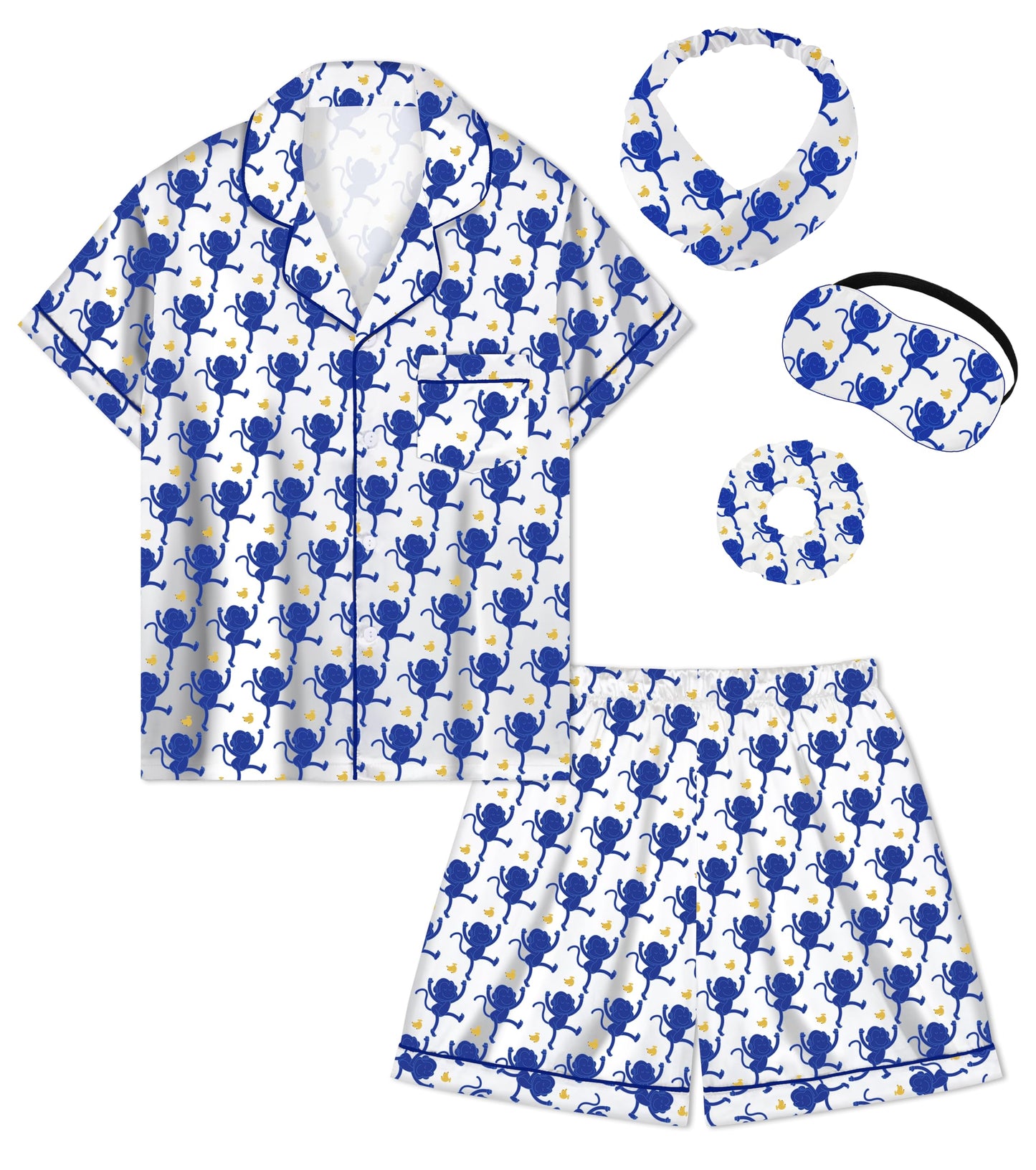 Kids Girl Pajama Set with Headband Blindfold Hair Tie Toddler Boy Girl Satin Silky Button-up Pajama Sleepwear