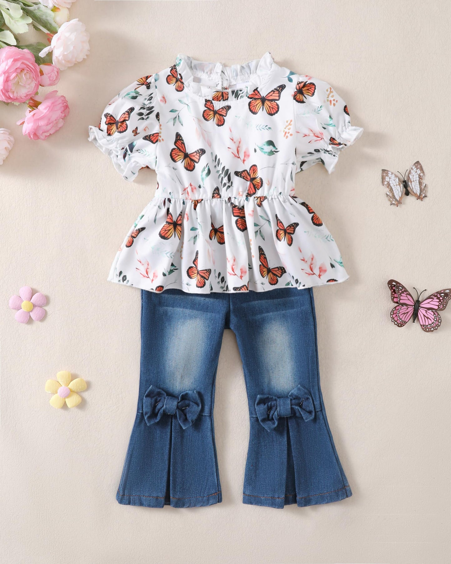 Baby Girl Clothes Toddler Girl Outfits Kids Puff Sleeve Shirt Top Flare Denim Pants Jeans Clothing for Little Girls