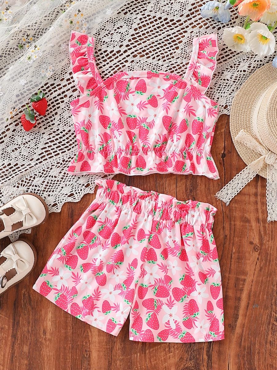 Kids Toddler Girls Summer Clothes Button Design Striped Tank Top + Floral-Print Elastic Shorts 2 Piece