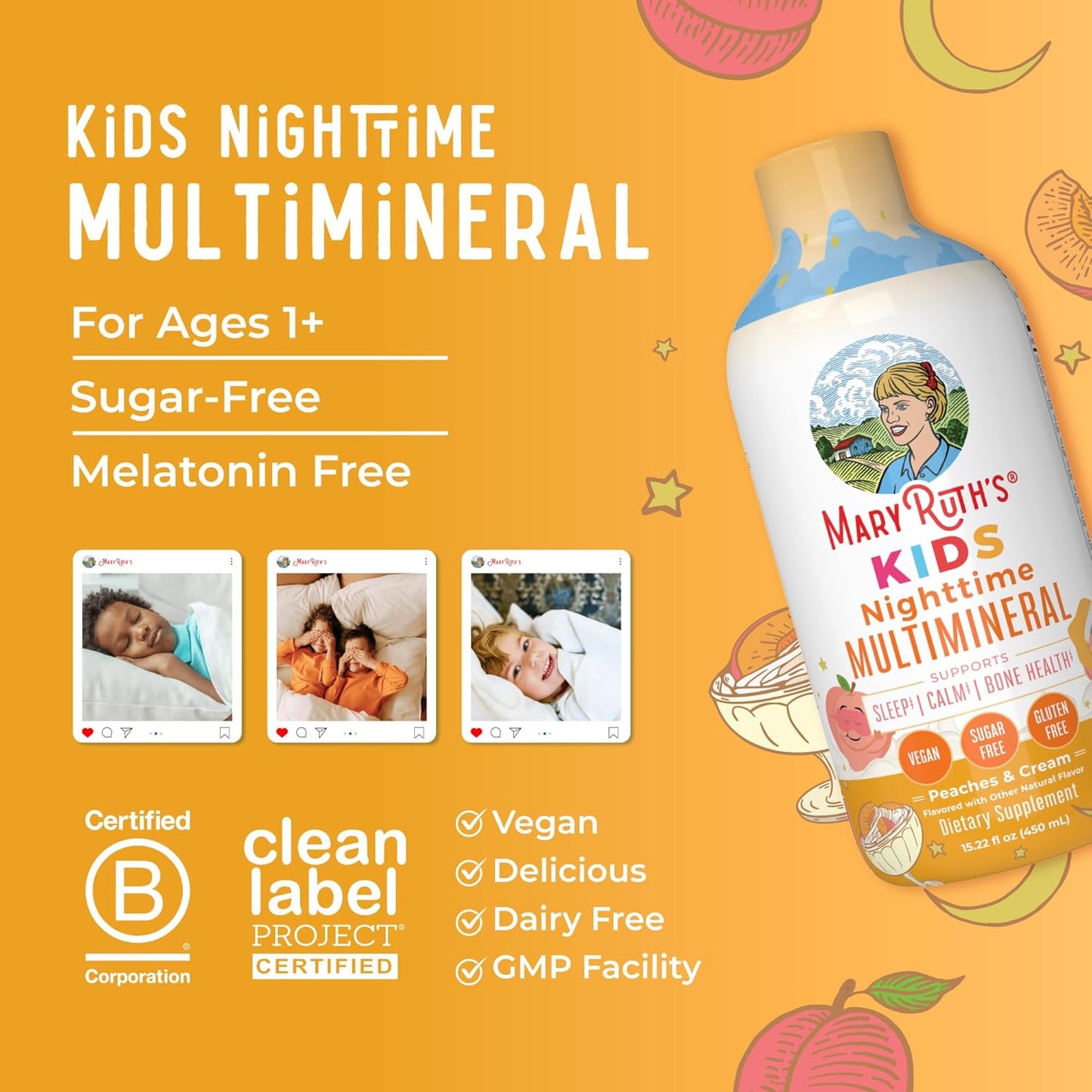 Kids Liquid Nighttime Multimineral by MaryRuth's | Kids Vitamins | Bone Health | Calm Calcium Magnesium Supplement | Muscle Relaxation | Vegan | Sugar Free | 30-180 Servings | 15.22 fl oz