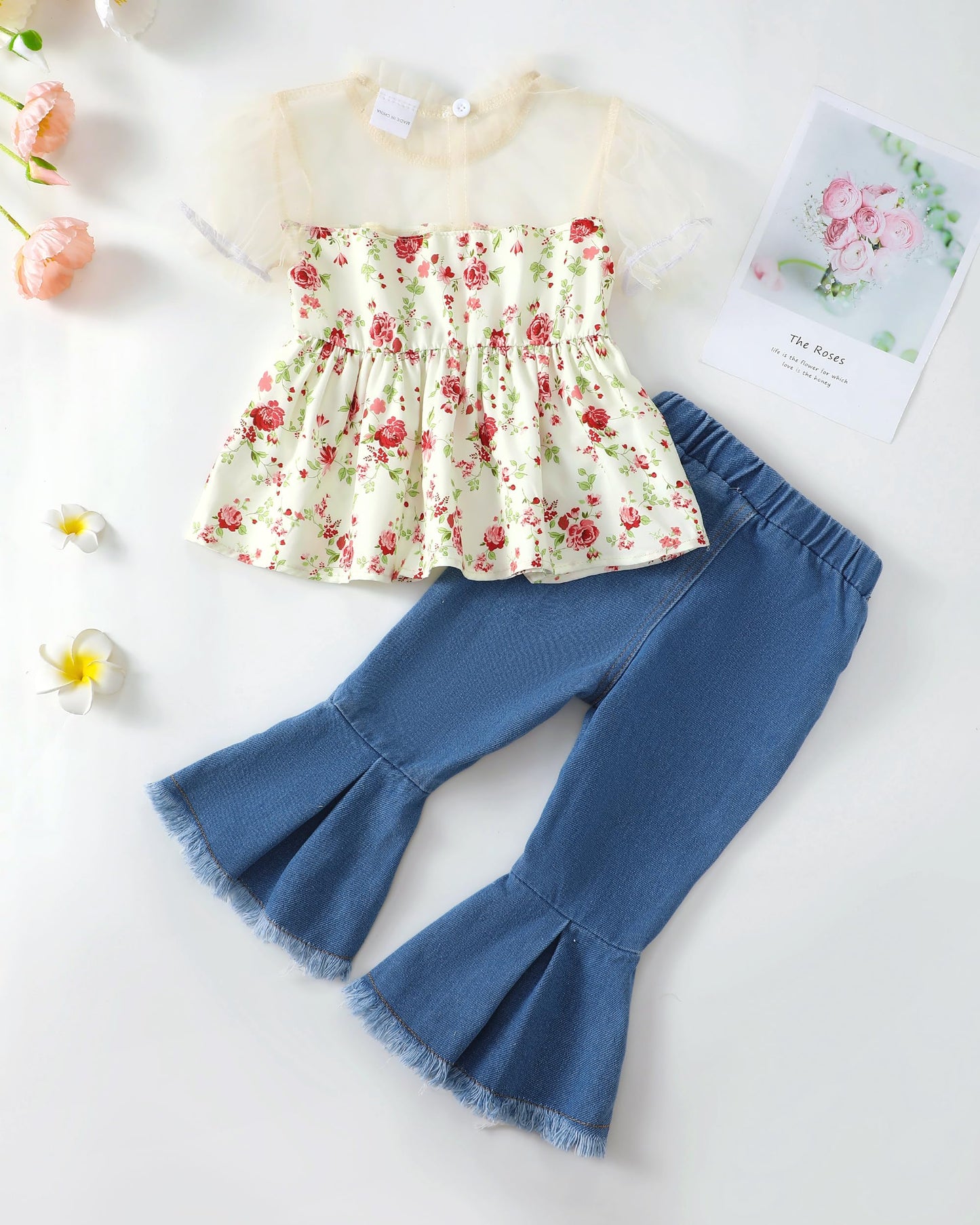 Baby Girl Clothes Toddler Girl Outfits Kids Puff Sleeve Shirt Top Flare Denim Pants Jeans Clothing for Little Girls