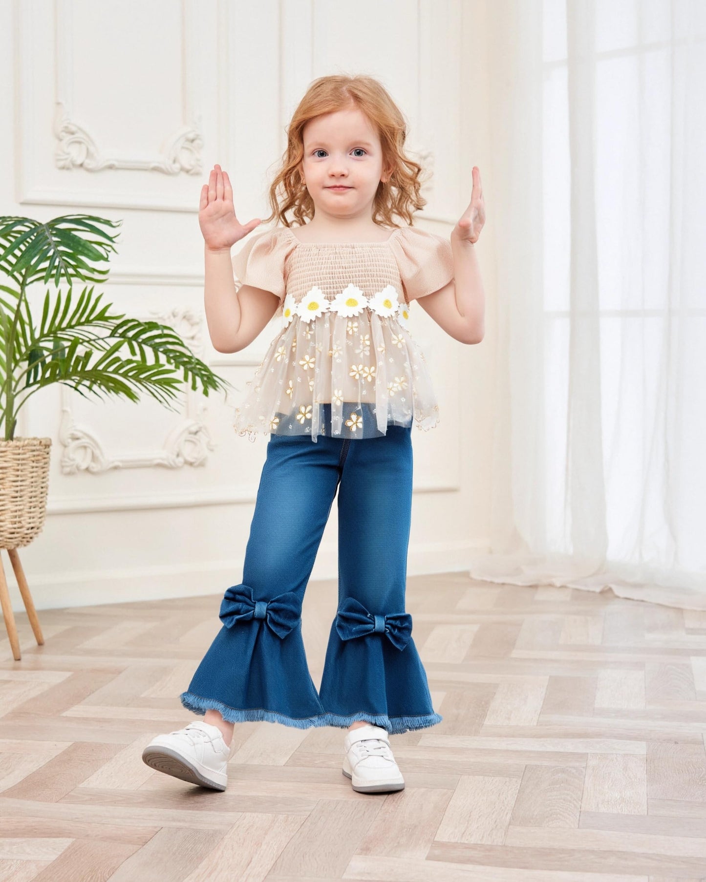XUANHAO Toddler Girl Clothes Summer Smocked Shirts Tops Denim Bell Bottom Jeans Pants Outfits Kids Girl's Clothing Sets
