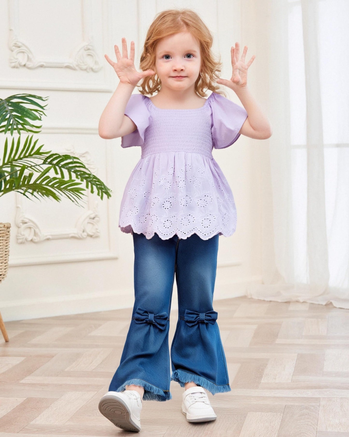 XUANHAO Toddler Girl Clothes Summer Smocked Shirts Tops Denim Bell Bottom Jeans Pants Outfits Kids Girl's Clothing Sets