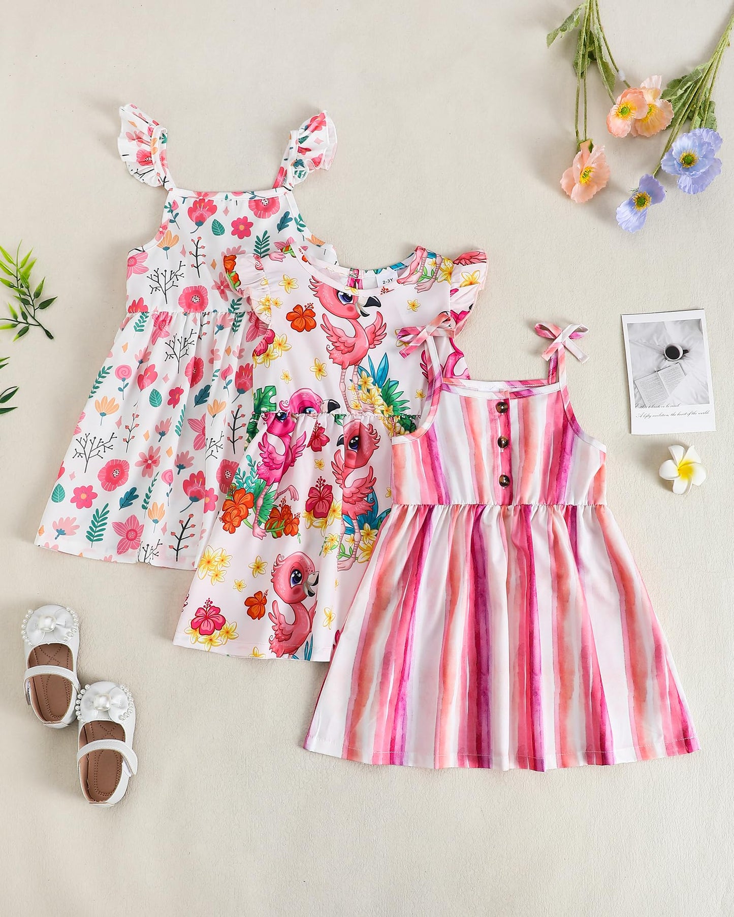 Toddler Girl Dress Little Girl Clothes Ruffle Sleeveless Multipack Floral Flamingo Striped Summer Spring Casual Dresses