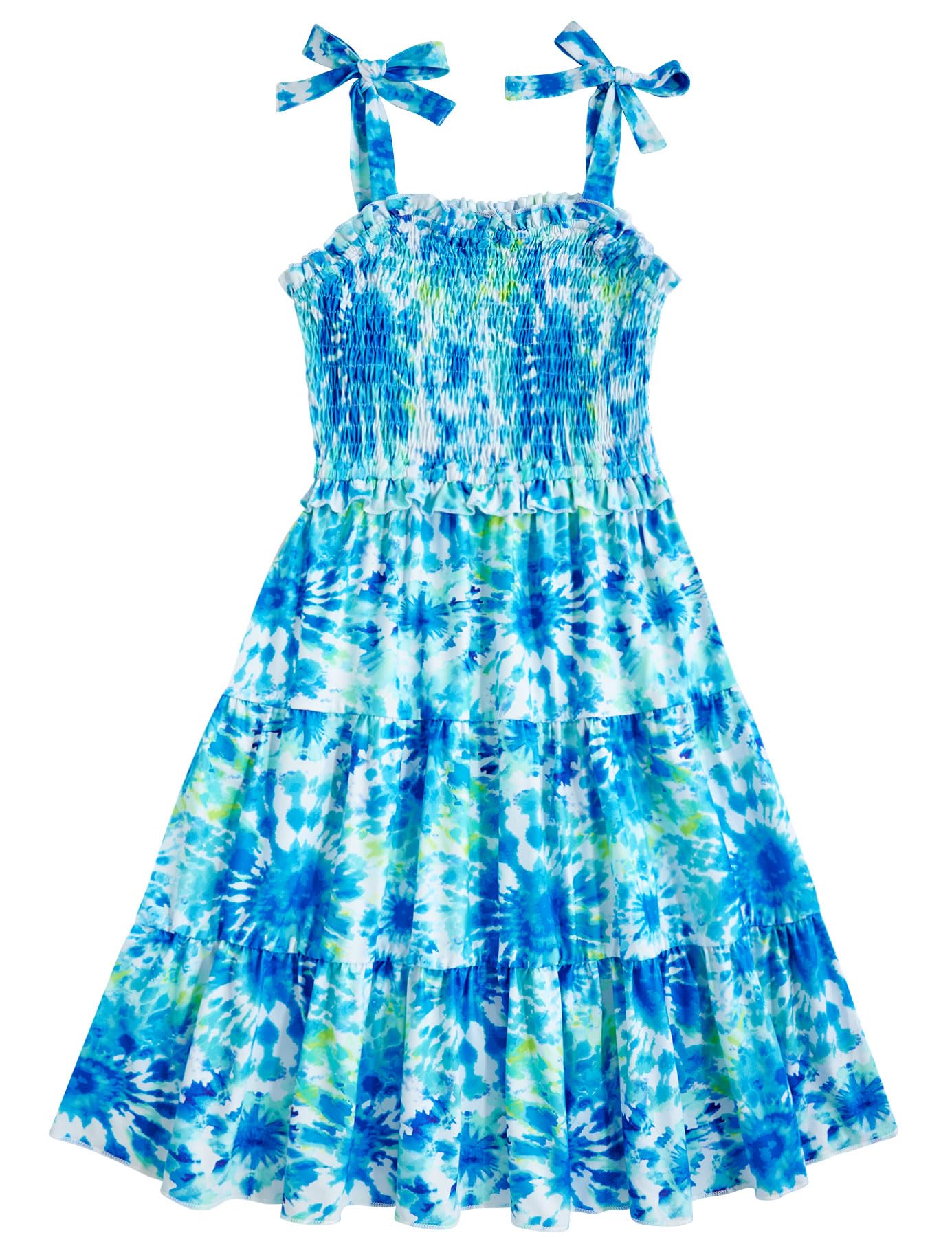 Kids4ever Girls Spaghetti Strap Dress 6-12Y Kids Sleeveless Cami Dresses Summer Beach Smocked Tiered Sundress with Pockets