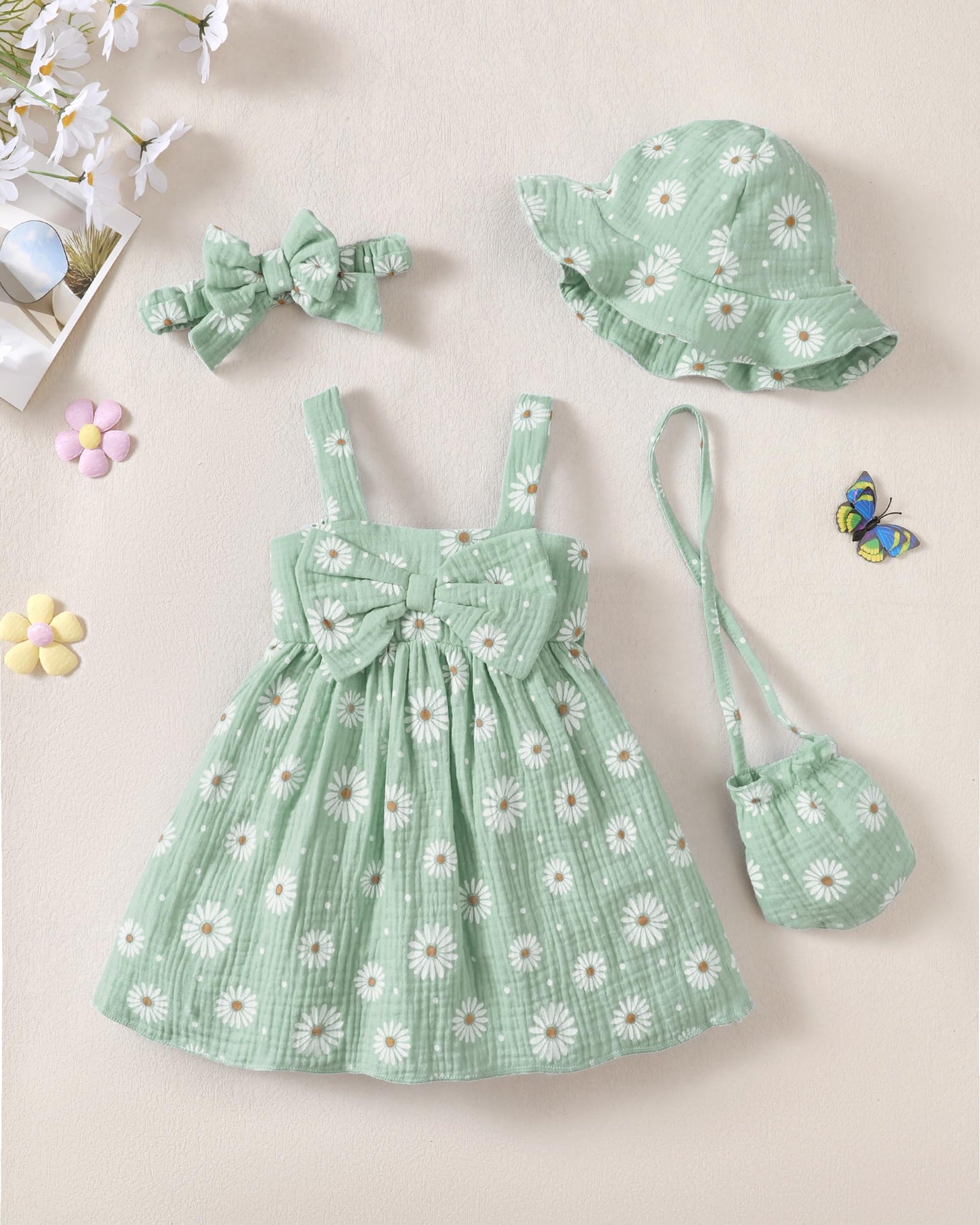 Toddler Girl Summer Dress Infant Baby Girl Casual Clothes Sleeveless Bowknot Beach Sundress with Hat
