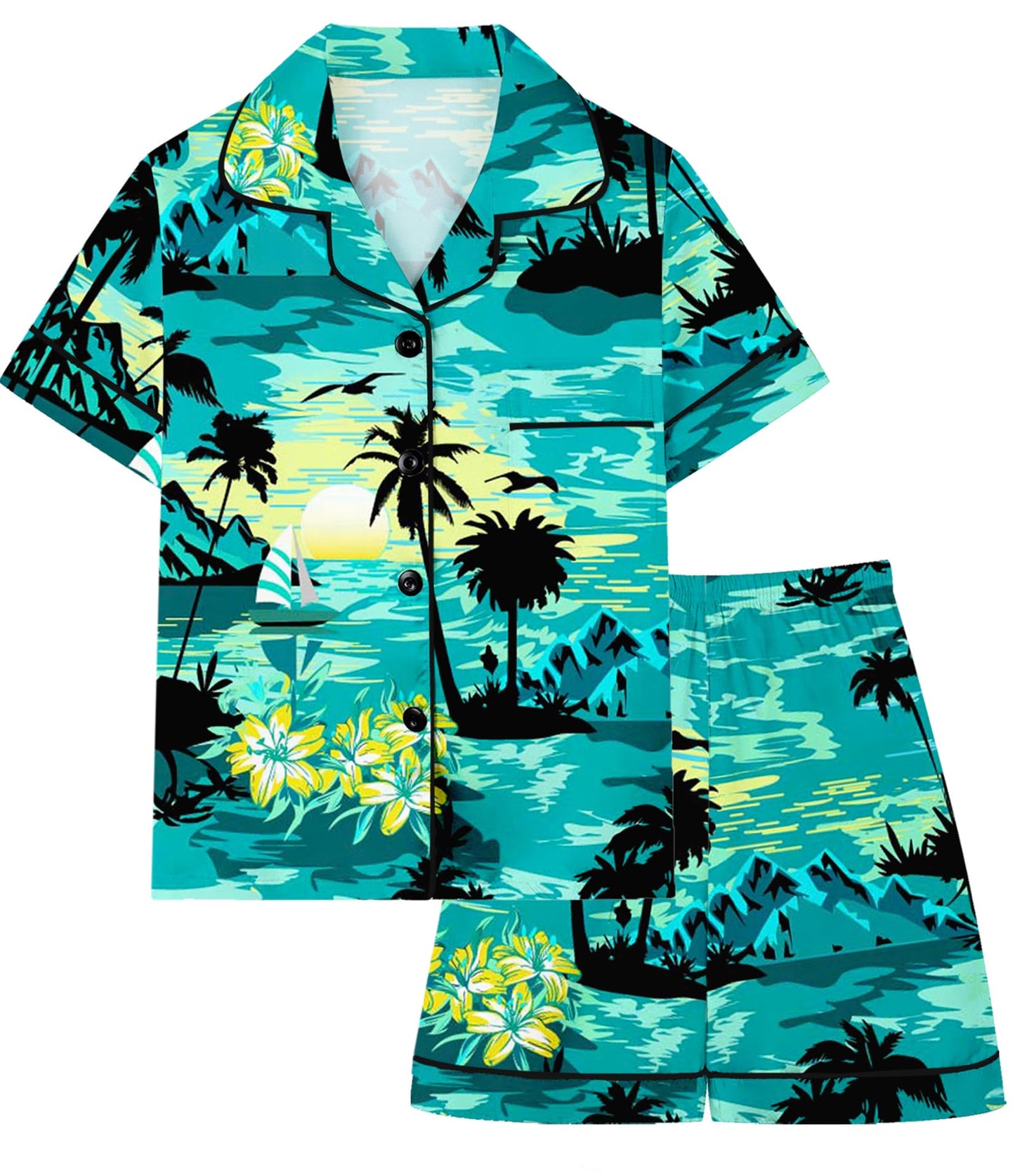 Boys & Mens Silk Pajamas Button Down Sleepwear Satin Nightwear 2 Pcs Pj Set