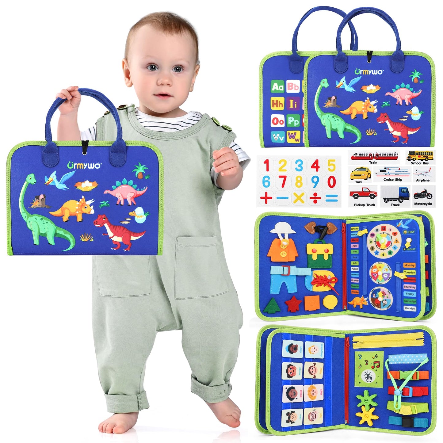URMYWO Toddler Busy Board - Busy Book Montessori Toys for 1 2 3 4 Year Old - Preschool Learning Activities with Alphabet Number Animal, Educational Travel Toys Birthday Gifts for Kids