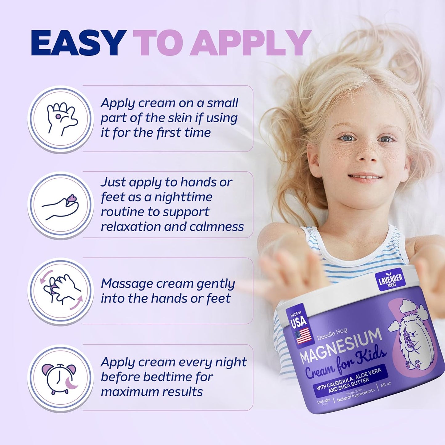 DOODLE HOG Magnesium Cream for Kids Lavender Scent - Soothing Relief & Relaxation with Calendula, Aloe Vera, Shea Butter - Topical Magnesium Cream for Sleep - USA Made - (4 oz, Lavender)