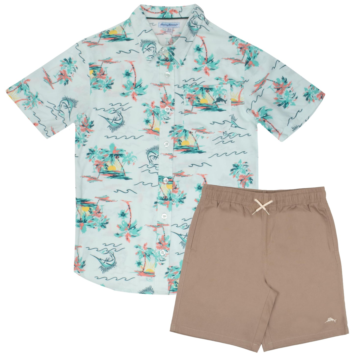 Tommy Bahama Boys Hawaiian Button Down Short Sleeve Shirt & Elastic Waist Shorts Set, Casual 2-Piece Summer Outfit for Kids