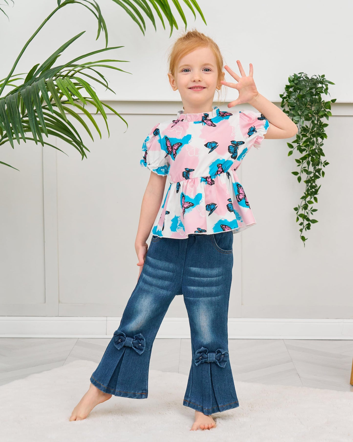 Baby Girl Clothes Toddler Girl Outfits Kids Puff Sleeve Shirt Top Flare Denim Pants Jeans Clothing for Little Girls