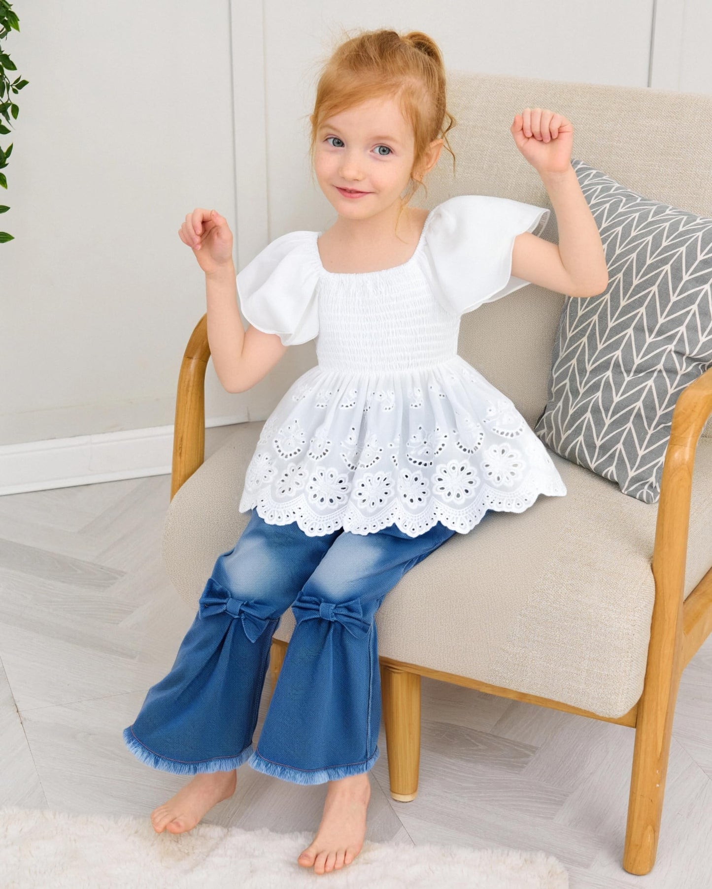 XUANHAO Toddler Girl Clothes Summer Smocked Shirts Tops Denim Bell Bottom Jeans Pants Outfits Kids Girl's Clothing Sets