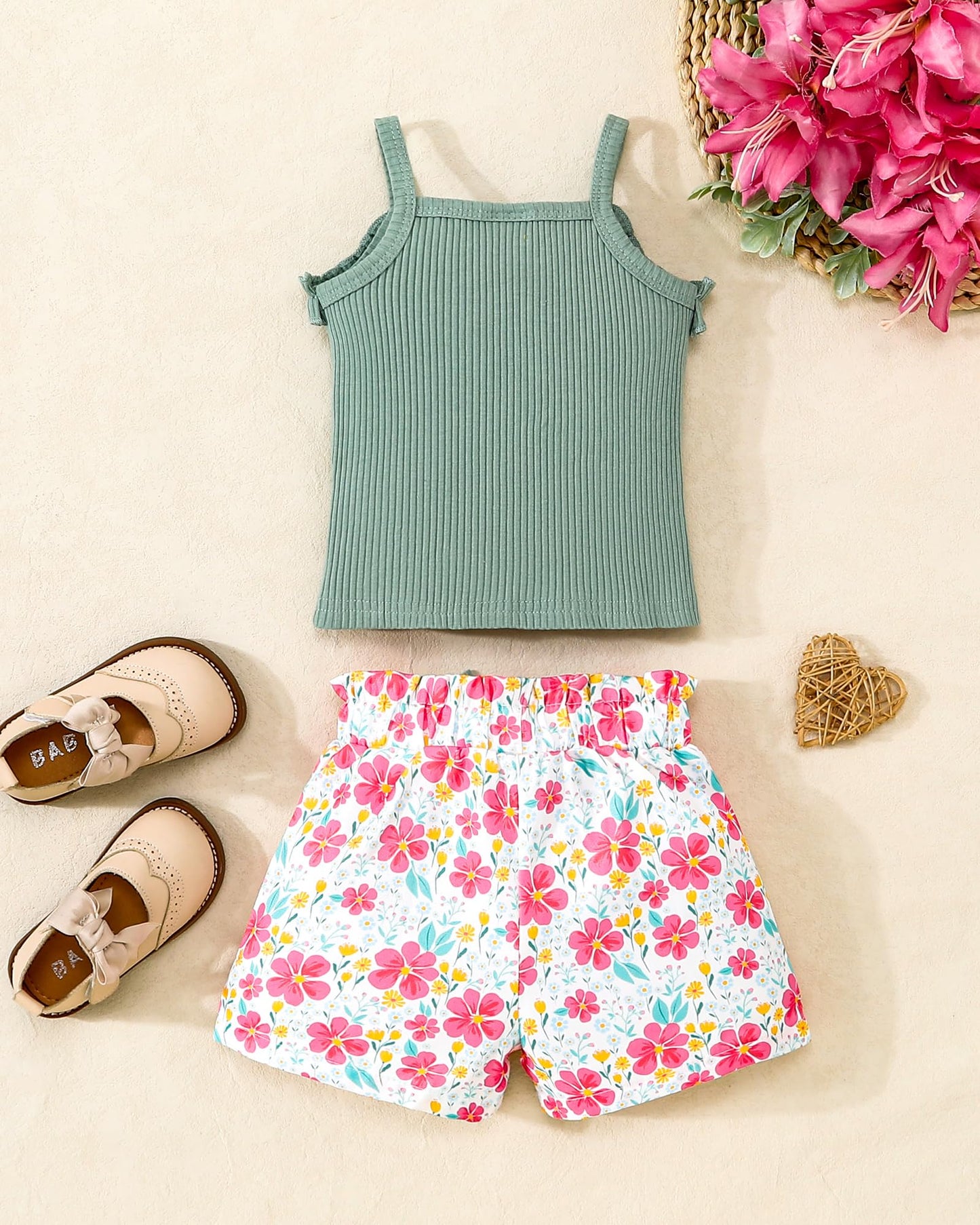 Kucnuzki Toddler Baby Girl Clothes Sleeveless Tank Tops Ruffle Halter Shirts Floral Shorts 2 Piece Set Summer Outfits
