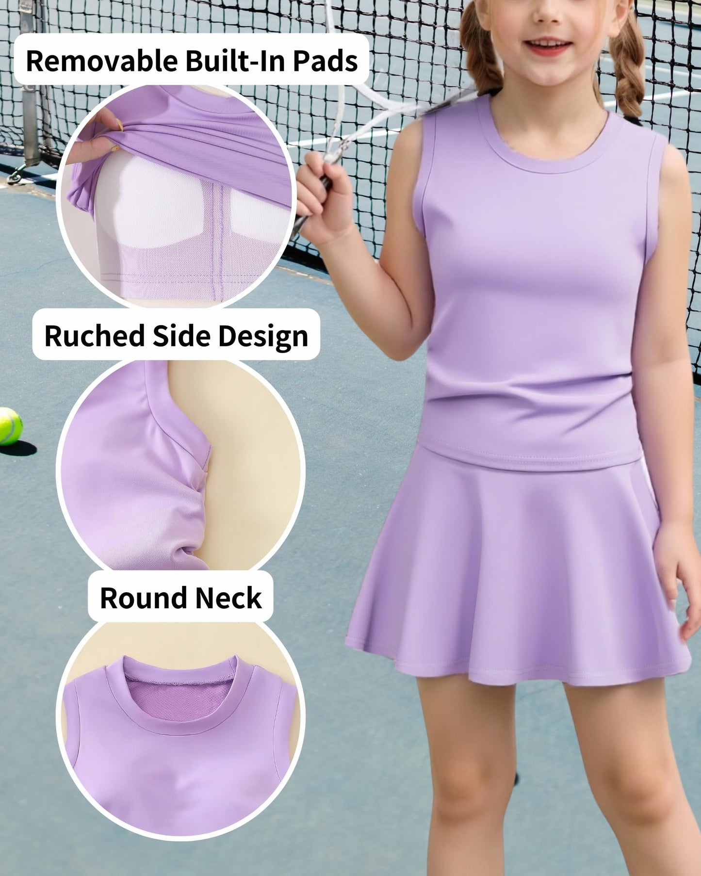 Girls Tennis Skirts Sets Kids Sleeveless Ruched Athletic Tank Tops Flowy Pleated Skirt Pockets Skorts Shorts Outfits