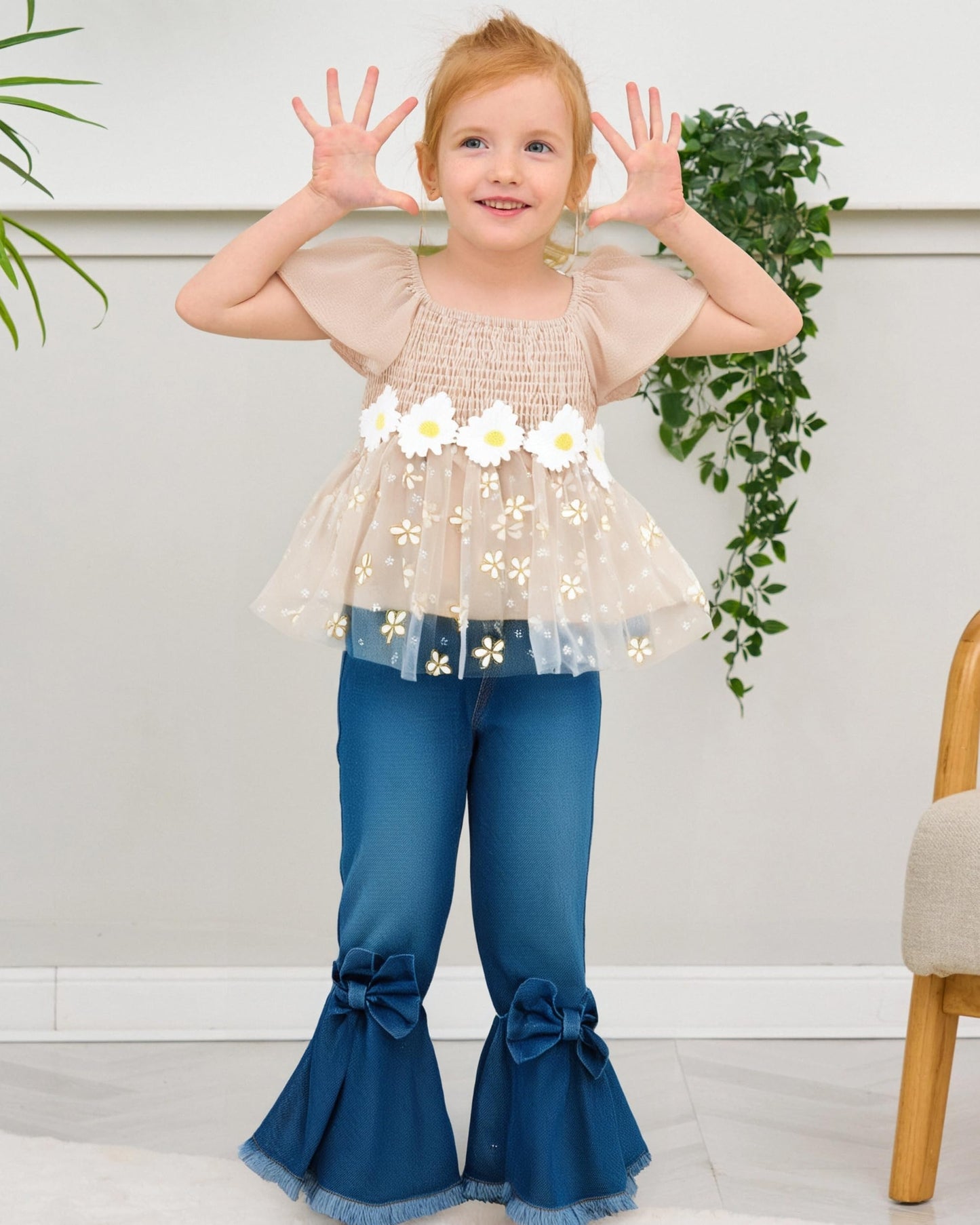 XUANHAO Toddler Girl Clothes Summer Smocked Shirts Tops Denim Bell Bottom Jeans Pants Outfits Kids Girl's Clothing Sets