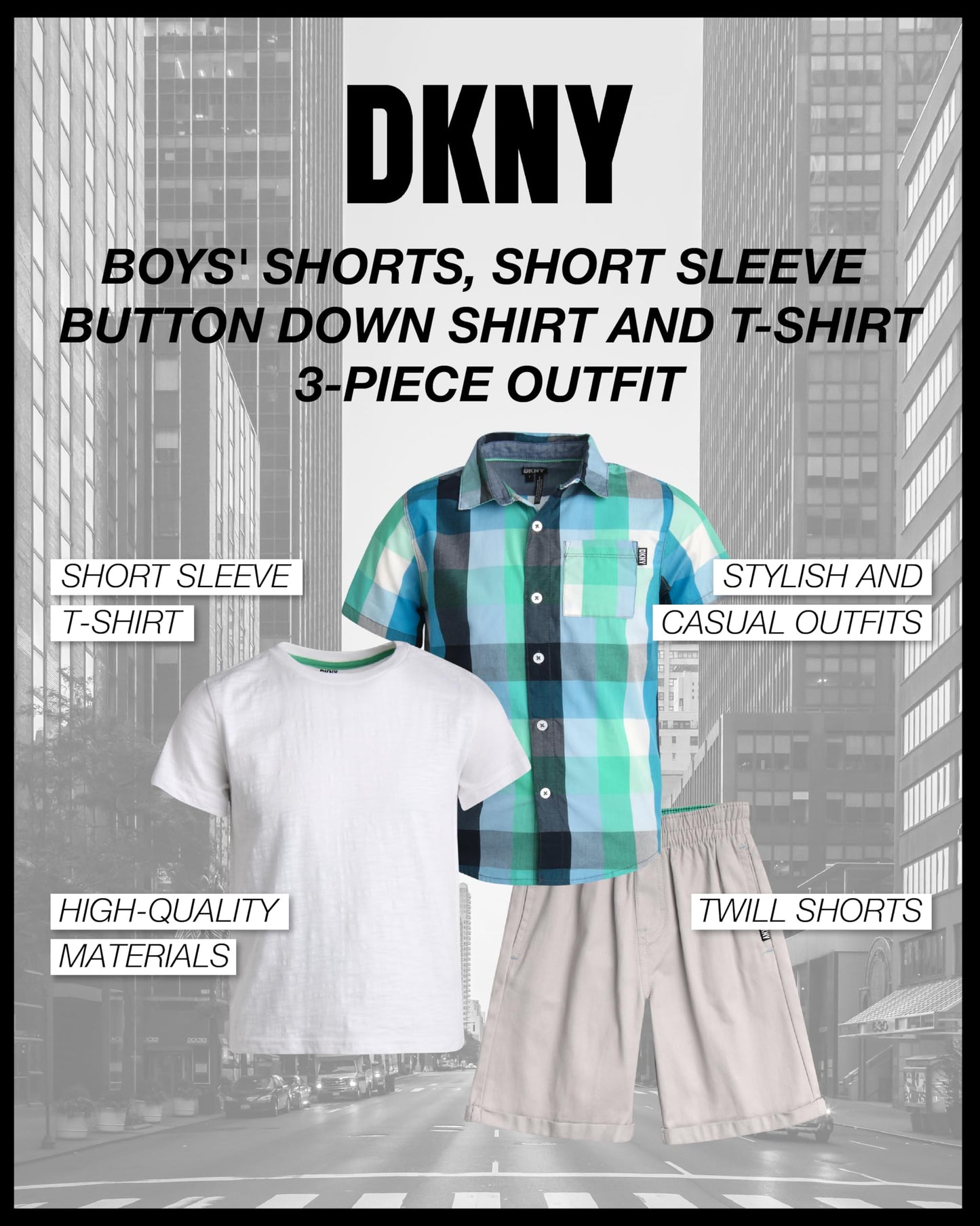DKNY Boys' Short Set - 3 Piece Short Sleeve Button Down Shirt, Crew Neck T-Shirt, and Twill Shorts for Boys (Sizes: 2T-7)