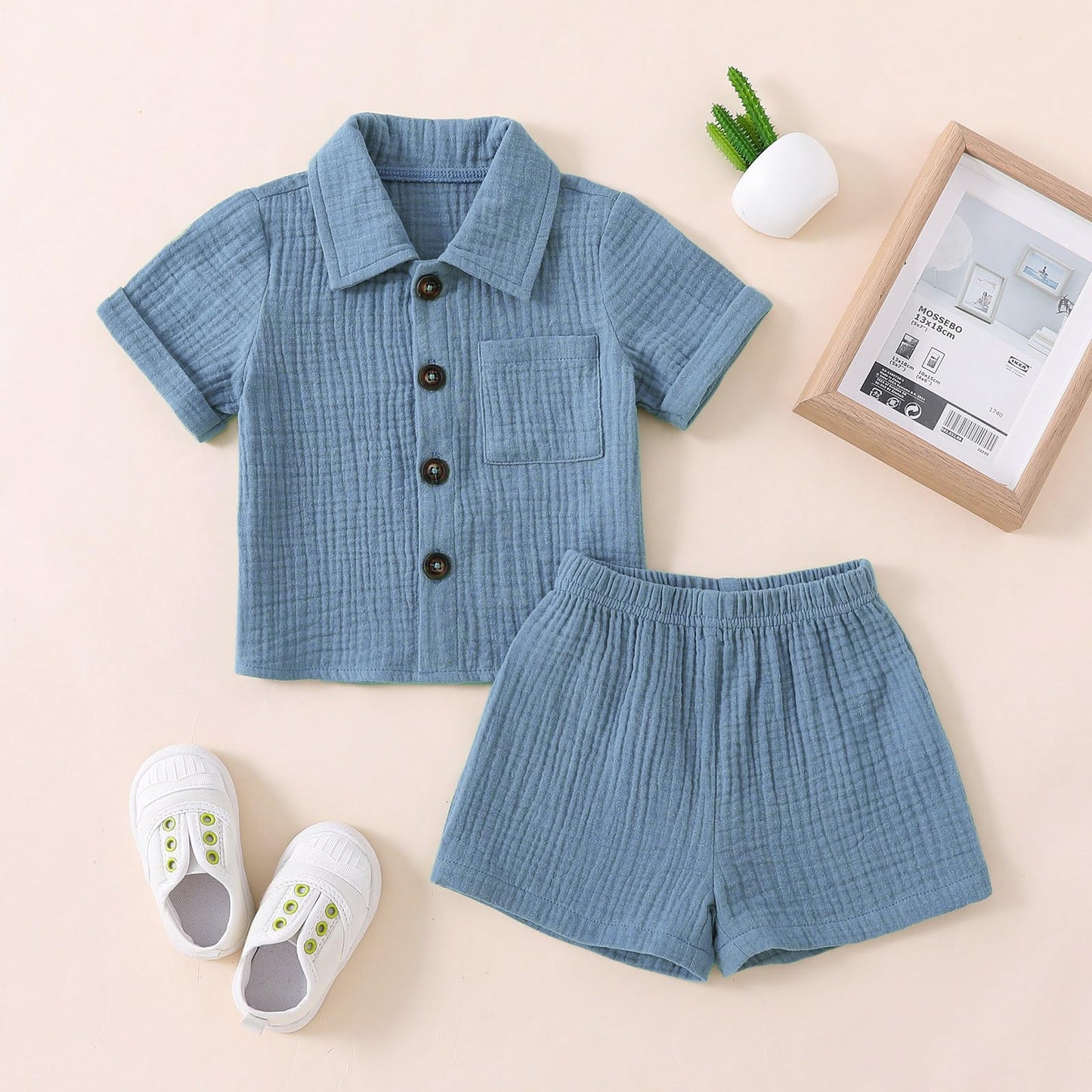 Baby Boys Clothes Set Toddler Infant Boys Button-down Shirt Tops + Cotton Gauze Shorts Summer Outfit 2PCS with Pockets