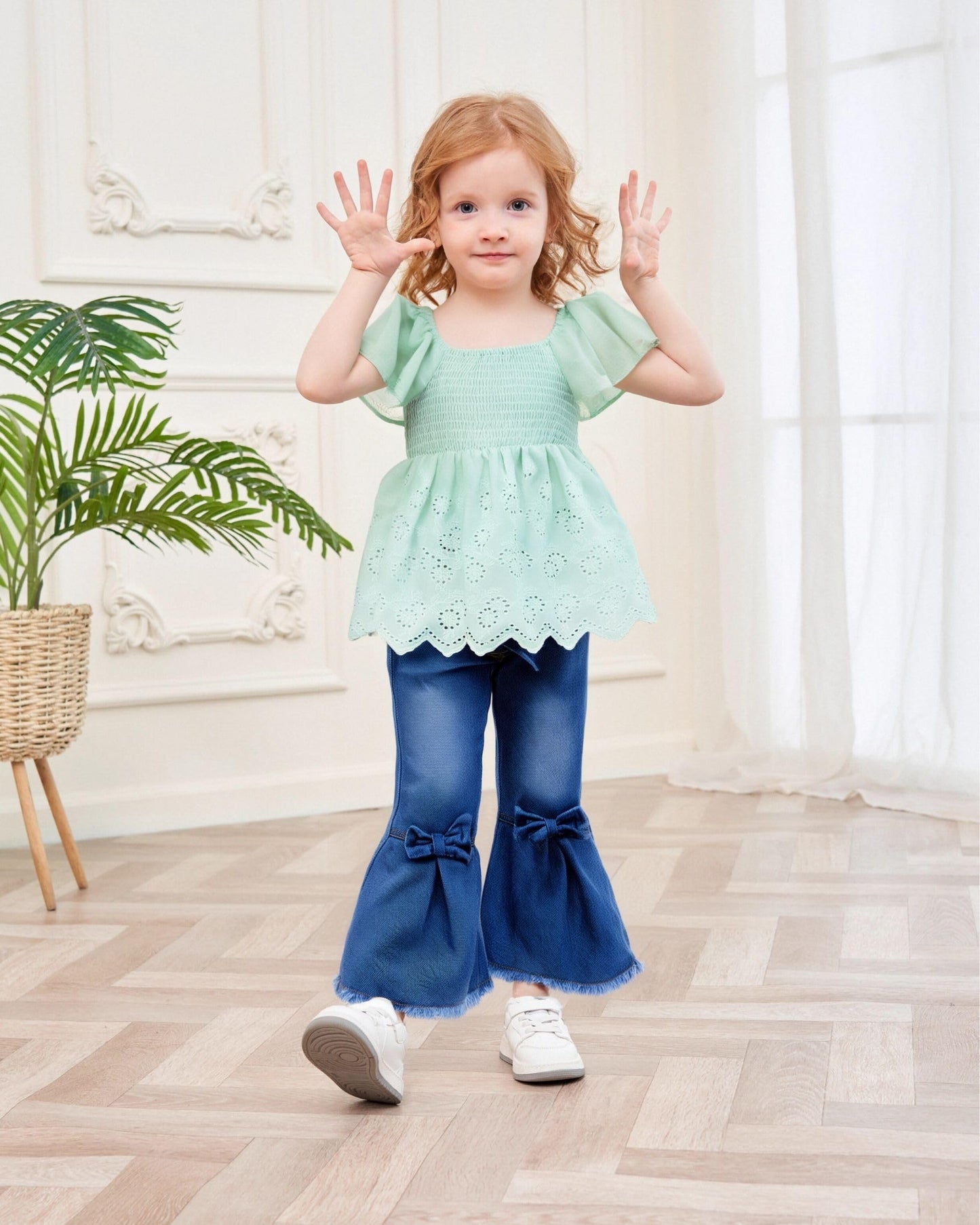 XUANHAO Toddler Girl Clothes Summer Smocked Shirts Tops Denim Bell Bottom Jeans Pants Outfits Kids Girl's Clothing Sets