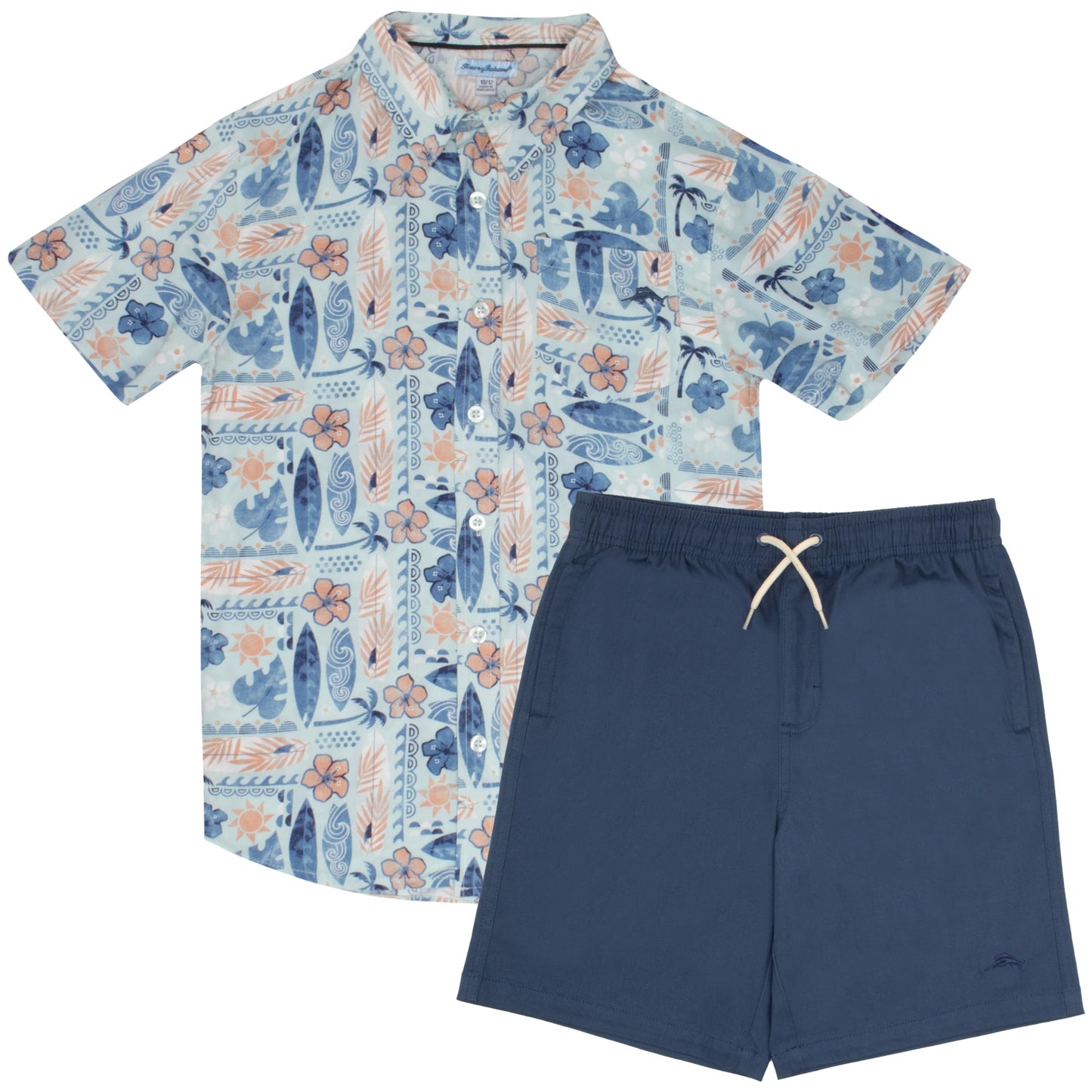 Tommy Bahama Boys Hawaiian Button Down Short Sleeve Shirt & Elastic Waist Shorts Set, Casual 2-Piece Summer Outfit for Kids