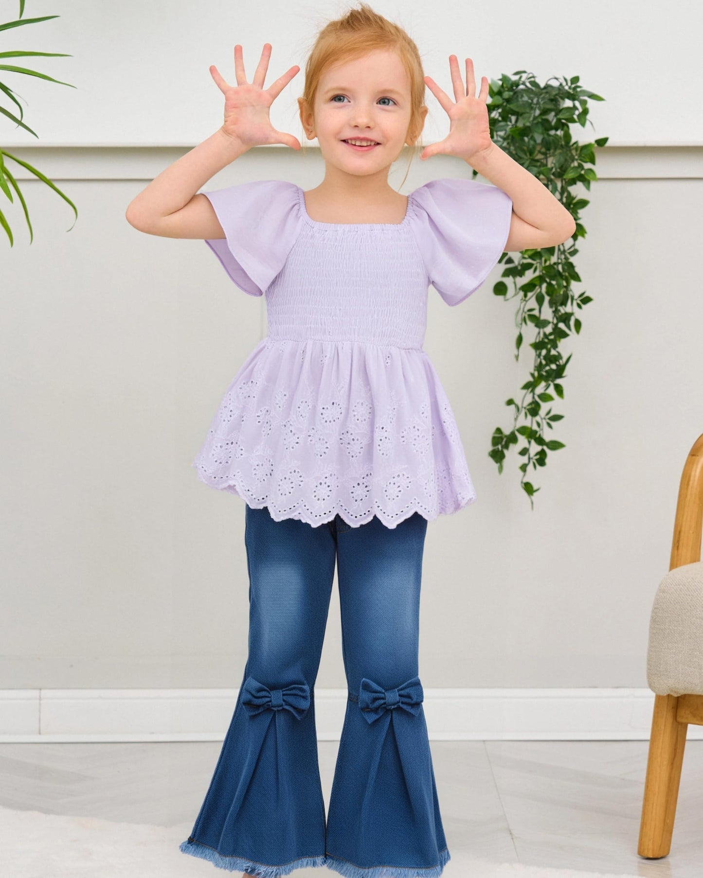 XUANHAO Toddler Girl Clothes Summer Smocked Shirts Tops Denim Bell Bottom Jeans Pants Outfits Kids Girl's Clothing Sets