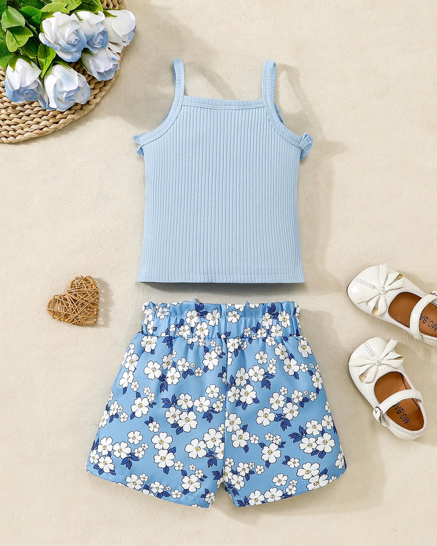 Kucnuzki Toddler Baby Girl Clothes Sleeveless Tank Tops Ruffle Halter Shirts Floral Shorts 2 Piece Set Summer Outfits