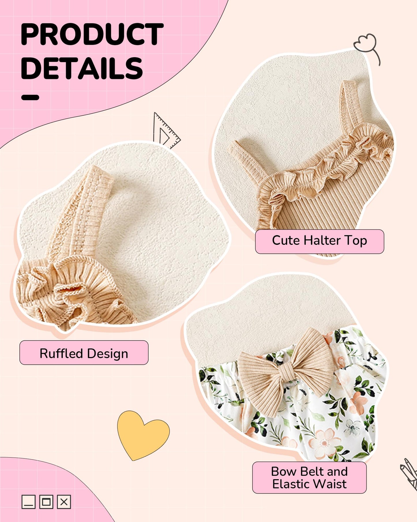 Kucnuzki Toddler Baby Girl Clothes Sleeveless Tank Tops Ruffle Halter Shirts Floral Shorts 2 Piece Set Summer Outfits