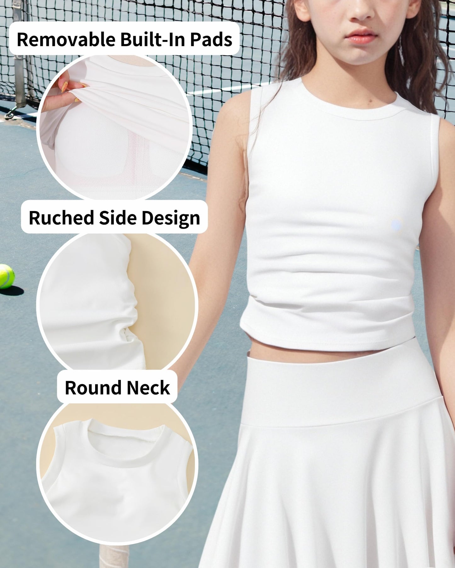 Girls Tennis Skirts Sets Kids Sleeveless Ruched Athletic Tank Tops Flowy Pleated Skirt Pockets Skorts Shorts Outfits