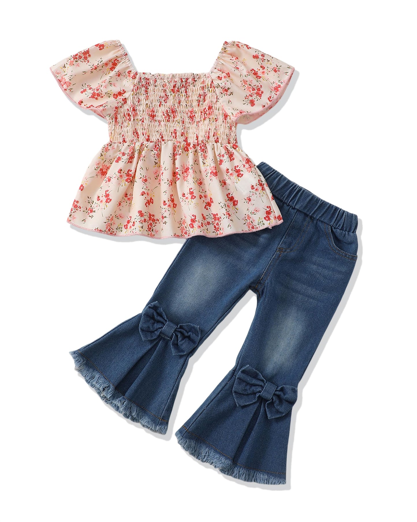 Baby Girl Clothes Toddler Girl Outfits Kids Puff Sleeve Shirt Top Flare Denim Pants Jeans Clothing for Little Girls
