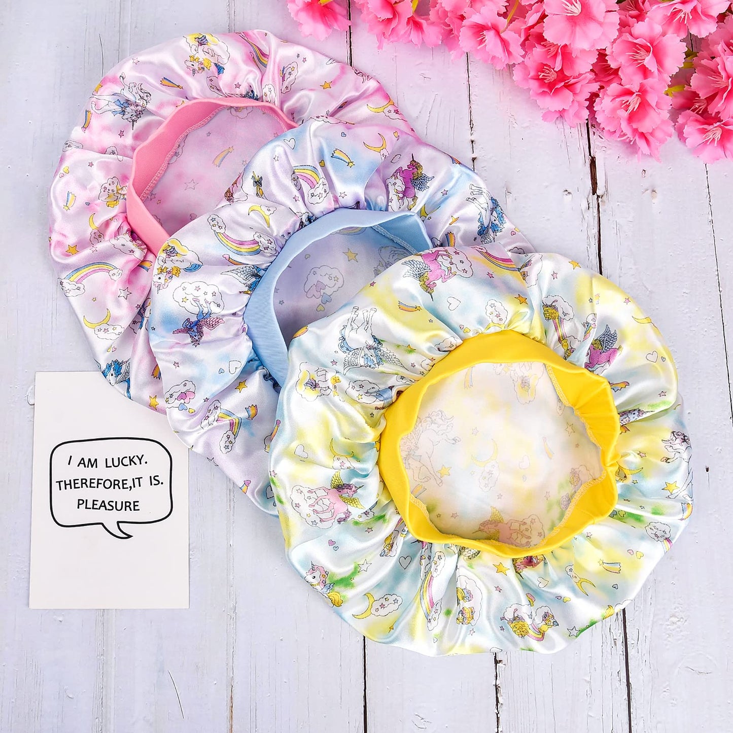 3 Pieces Kids Satin Bonnet Dinosaur Wide Elastic Band Sleeping Cap Soft Silk Double Layer Night Hair Hats for Teens Toddler Child Baby