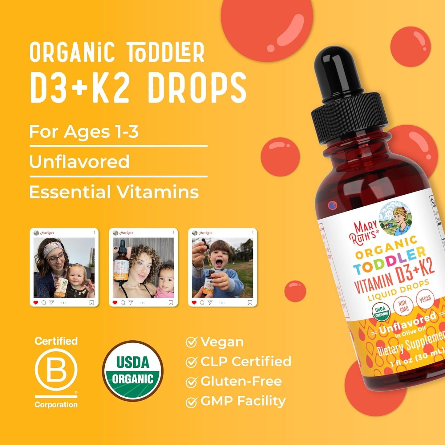 MaryRuth Organics Vitamin D3 | Vitamin K2 | Vitamin D3 K2 Drops | K2 D3 Vitamin Liquid Supplement for Toddlers | Kids Supplement for Calcium Absorption Strong Bones | Vegan | Gluten Free | 1 Fl Oz