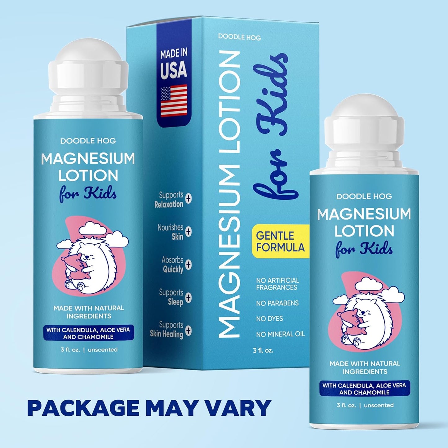 DOODLE HOG Magnesium Lotion for Kids, With Calendula, Aloe Vera and Chamomile, Magnesium Lotion for Sleep, Made in USA Kids, Roll-On Application, 3 fl oz