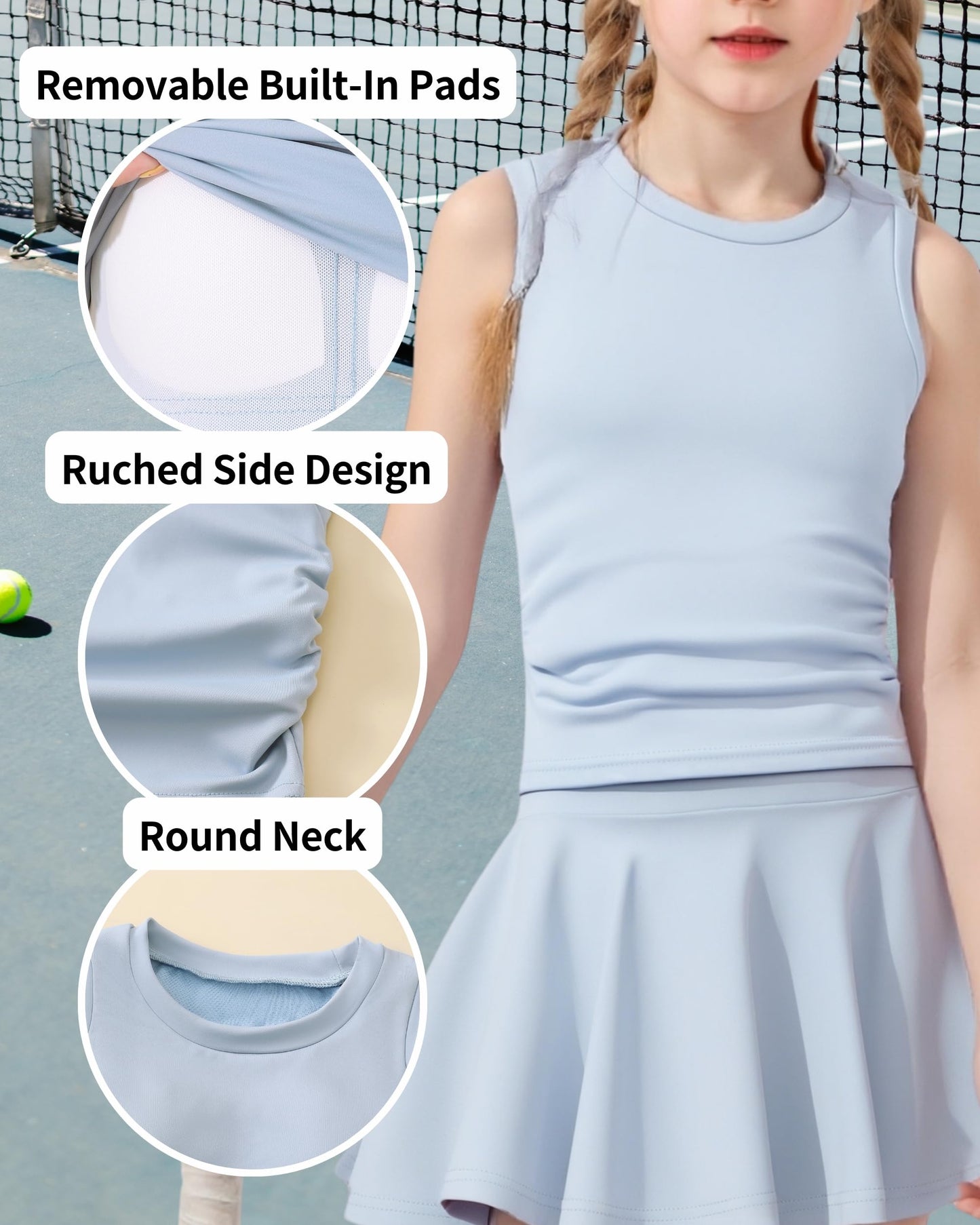 Girls Tennis Skirts Sets Kids Sleeveless Ruched Athletic Tank Tops Flowy Pleated Skirt Pockets Skorts Shorts Outfits