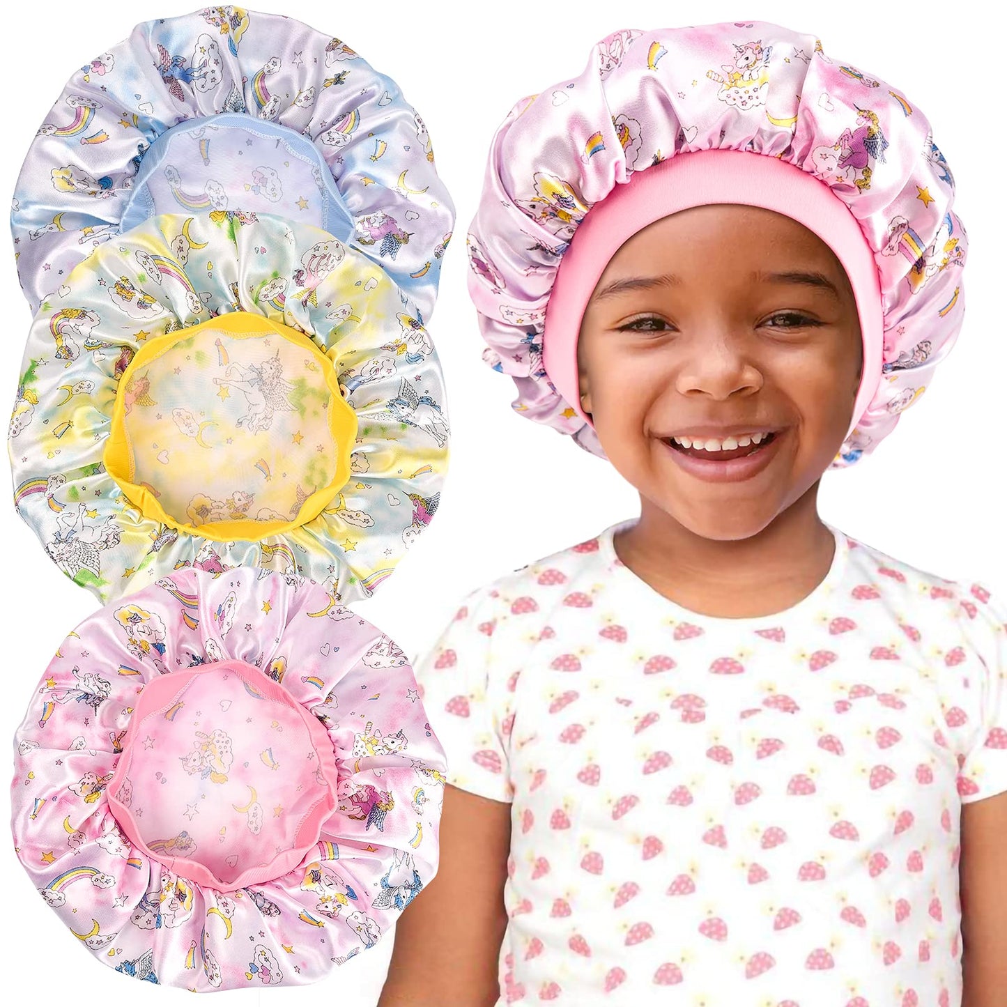 3 Pieces Kids Satin Bonnet Dinosaur Wide Elastic Band Sleeping Cap Soft Silk Double Layer Night Hair Hats for Teens Toddler Child Baby