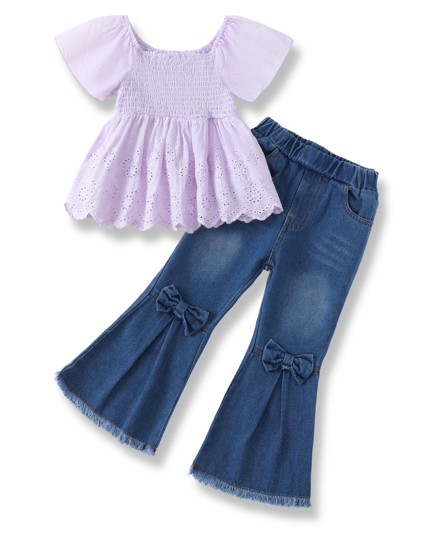 XUANHAO Toddler Girl Clothes Summer Smocked Shirts Tops Denim Bell Bottom Jeans Pants Outfits Kids Girl's Clothing Sets