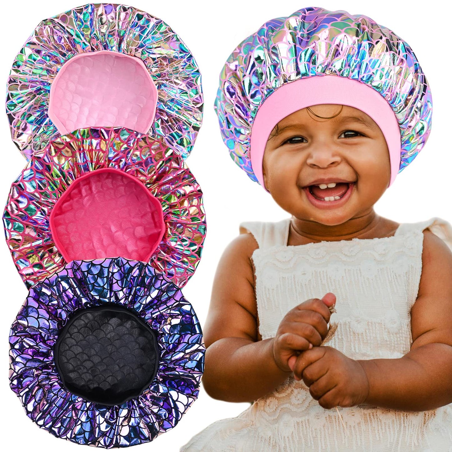 3 Pieces Kids Satin Bonnet Dinosaur Wide Elastic Band Sleeping Cap Soft Silk Double Layer Night Hair Hats for Teens Toddler Child Baby