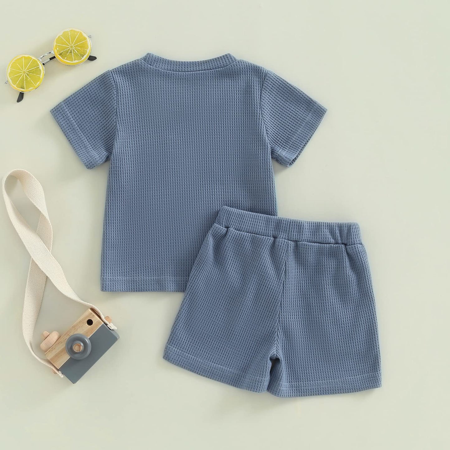 Kupretty Toddler Baby Boy Summer Clothes Embroiderey Waffle Knit Short Sleeve T-Shirt Tees + Casual Shorts Cute Clothing Set