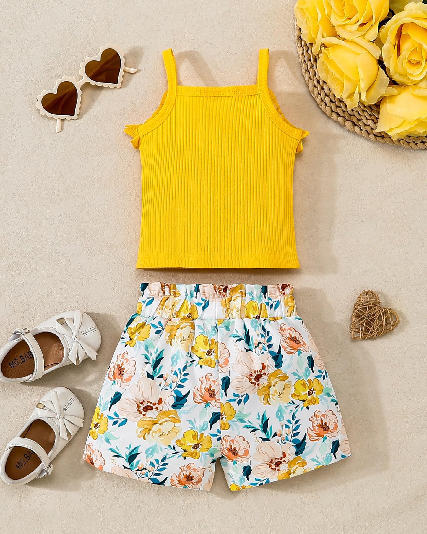 Kucnuzki Toddler Baby Girl Clothes Sleeveless Tank Tops Ruffle Halter Shirts Floral Shorts 2 Piece Set Summer Outfits