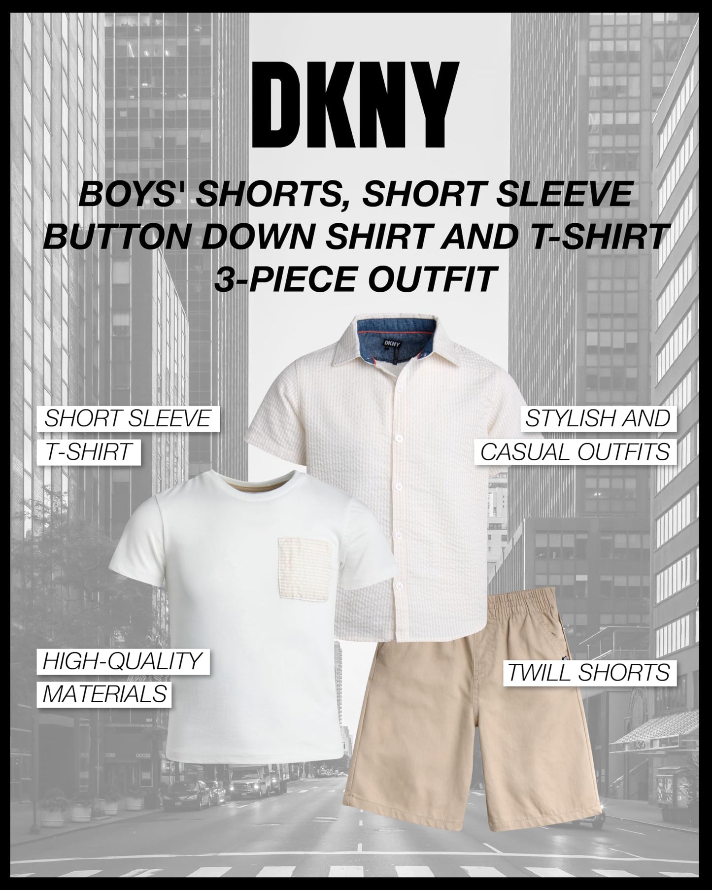 DKNY Boys' Short Set - 3 Piece Short Sleeve Button Down Shirt, Crew Neck T-Shirt, and Twill Shorts for Boys (Sizes: 2T-7)