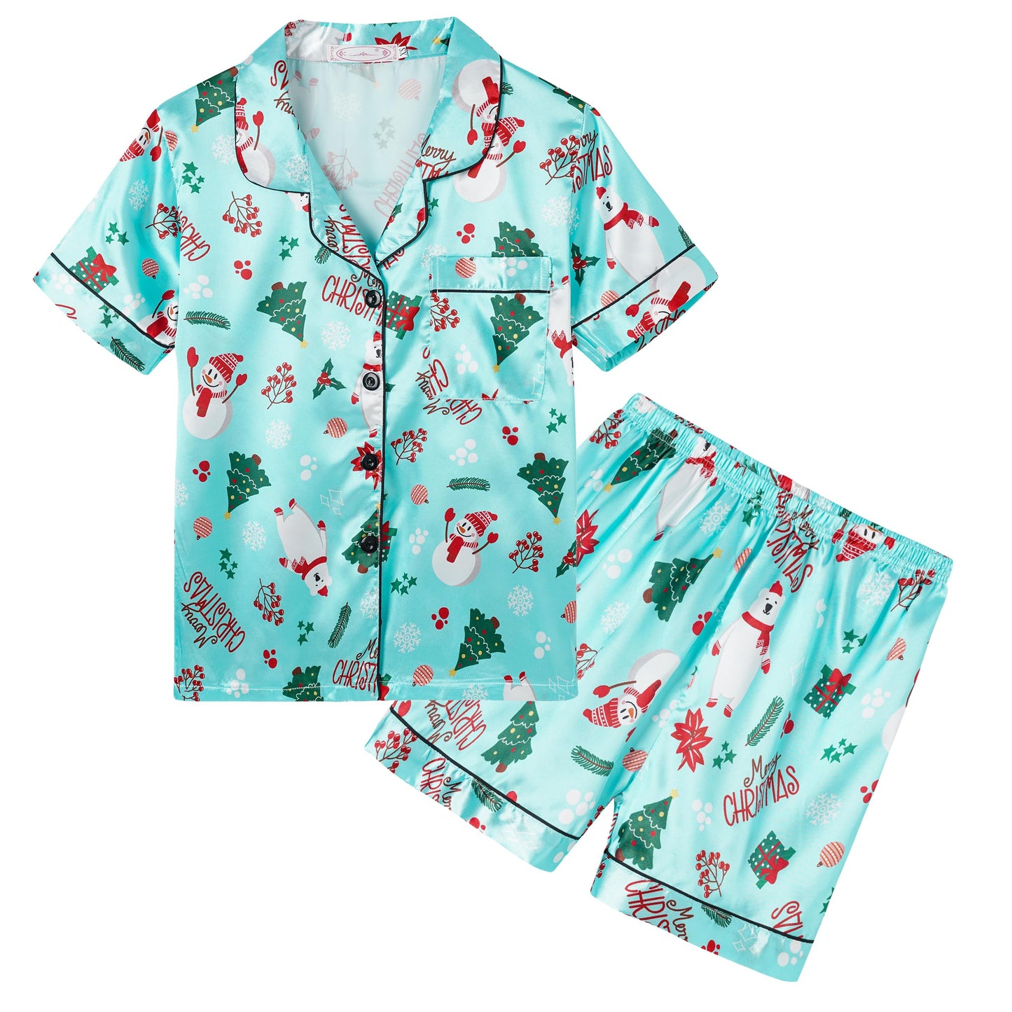 Unisex Kids Boys and Girls Pajama Sets Summer Short Sleeve With Shorts Sleepwear Silky Button Down Loungewear