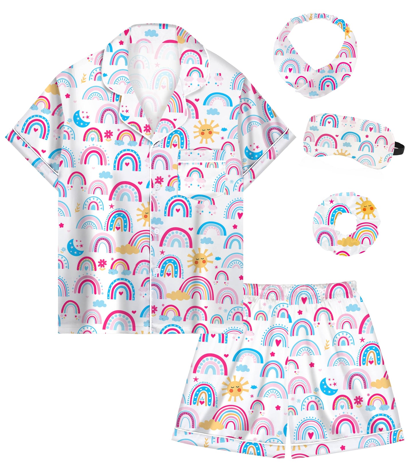 Kids Girl Pajama Set with Headband Blindfold Hair Tie Toddler Boy Girl Satin Silky Button-up Pajama Sleepwear