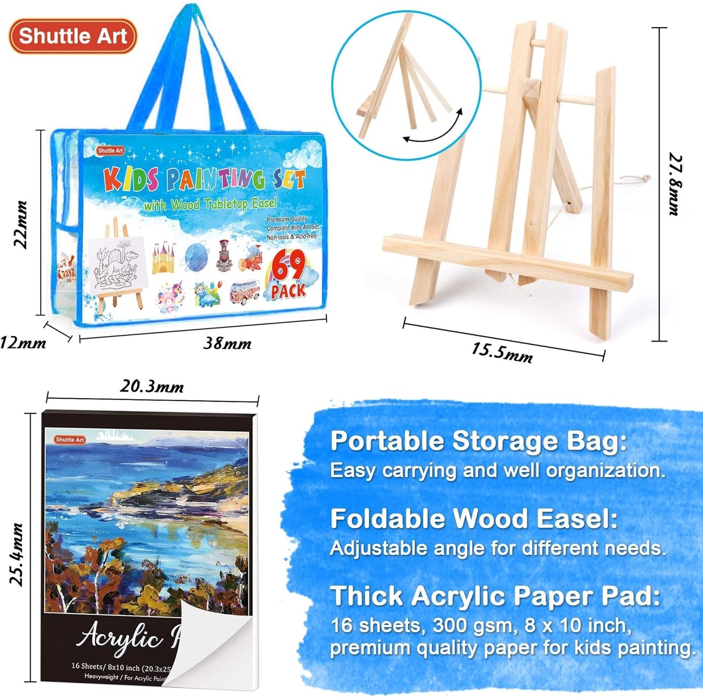 69 Pack Kids Paint Set, Shuttle Art Art Set for Kids with 30 Colors Acrylic Paint, Wood Easel, Canvas, Painting Pad, Brushes, Palette and Smock, Complete Paint Set for Boys and Girls(Package May Very)