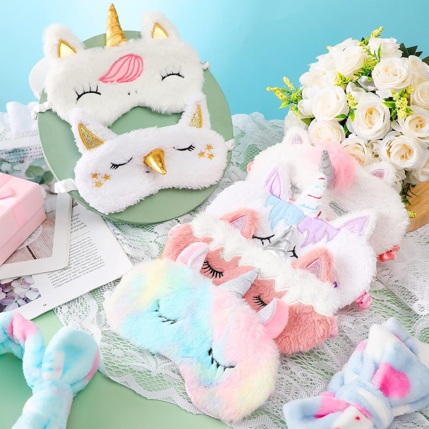 12 Pcs Sleepover Party Supplies for Girls Unicorn Rainbow Animal Plush Sleep Eye Mask Soft Spa Headband for Kids Women Overnight Spa Bachelorette Party Favors