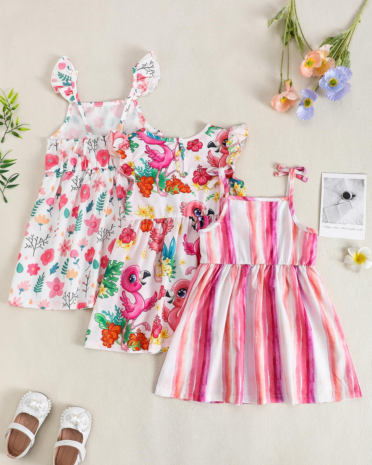 Toddler Girl Dress Little Girl Clothes Ruffle Sleeveless Multipack Floral Flamingo Striped Summer Spring Casual Dresses