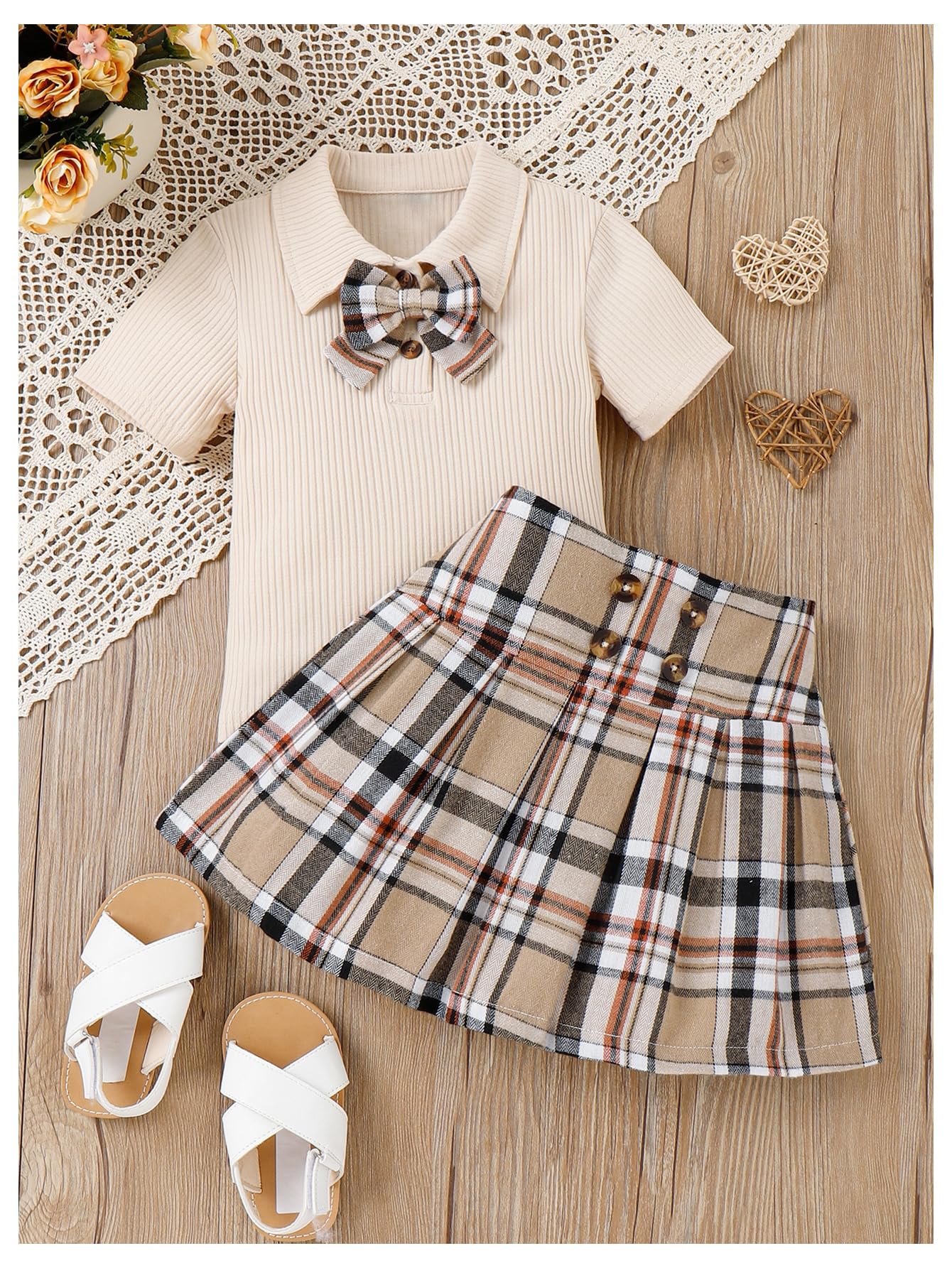 WDIRARA Toddler Girl's 2 Piece Outfit Bow Front Short Sleeve Tee and Plaid Pleated Aline Skirt Set
