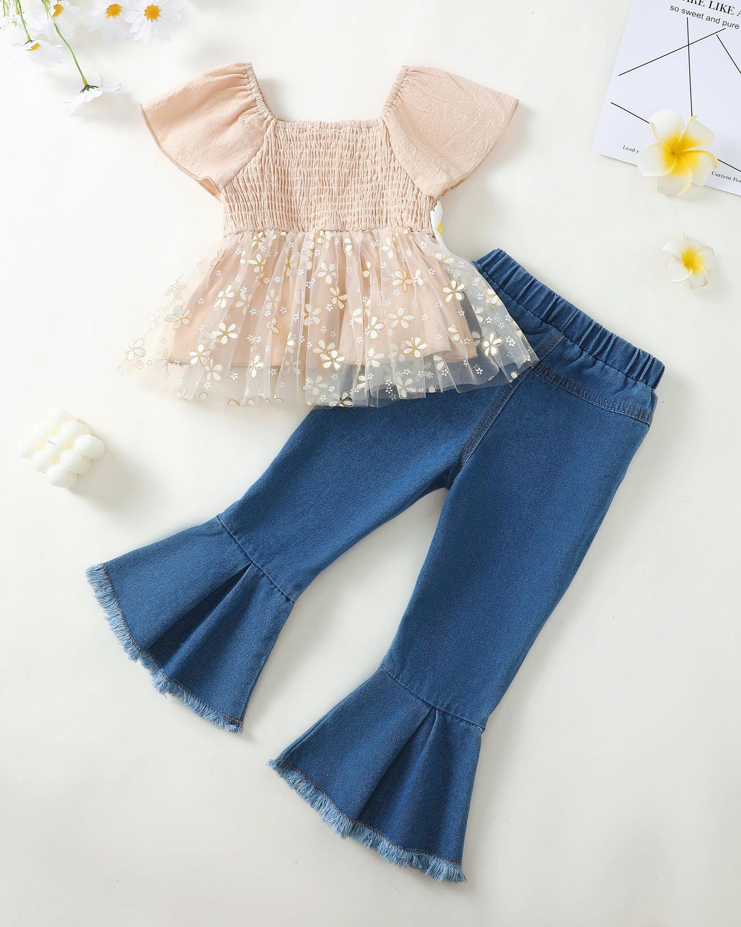 XUANHAO Toddler Girl Clothes Summer Smocked Shirts Tops Denim Bell Bottom Jeans Pants Outfits Kids Girl's Clothing Sets