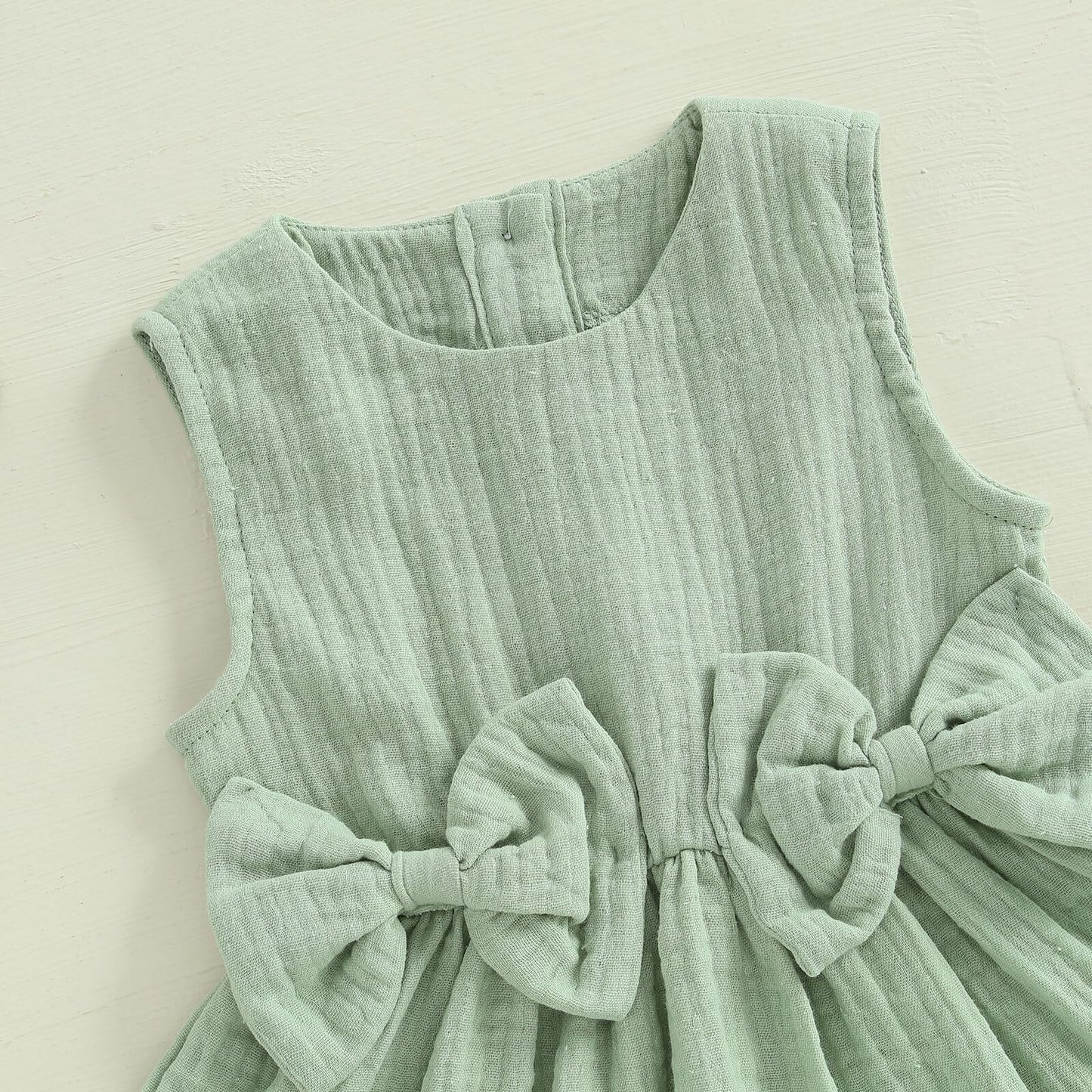 Kupretty Toddler Girl Summer Clothes Baby Solid Linen Outfit Bows Ruffle Tank Tops Shirts + Ruffled Short Set