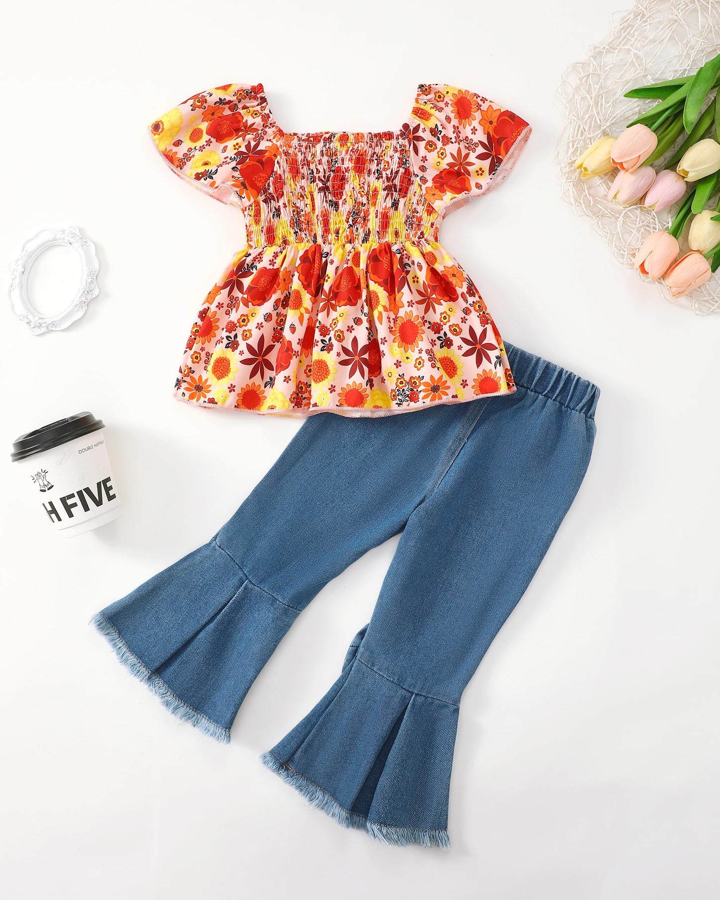 Baby Girl Clothes Toddler Girl Outfits Kids Puff Sleeve Shirt Top Flare Denim Pants Jeans Clothing for Little Girls