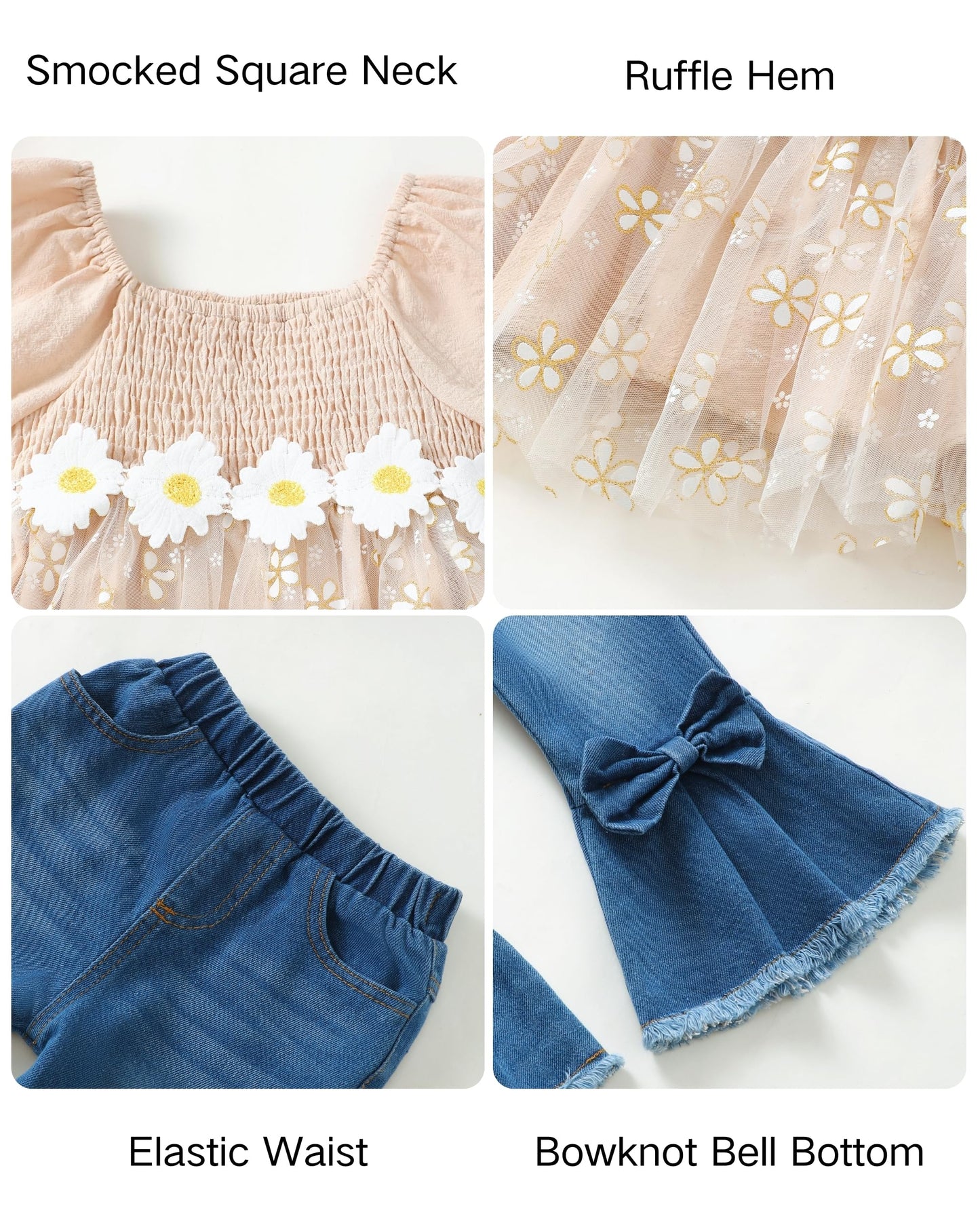 XUANHAO Toddler Girl Clothes Summer Smocked Shirts Tops Denim Bell Bottom Jeans Pants Outfits Kids Girl's Clothing Sets