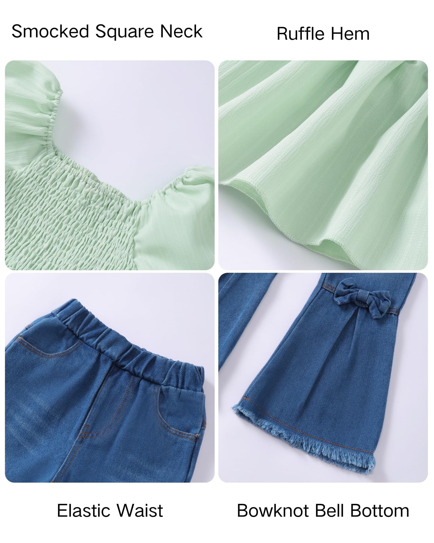 XUANHAO Toddler Girl Clothes Summer Smocked Shirts Tops Denim Bell Bottom Jeans Pants Outfits Kids Girl's Clothing Sets