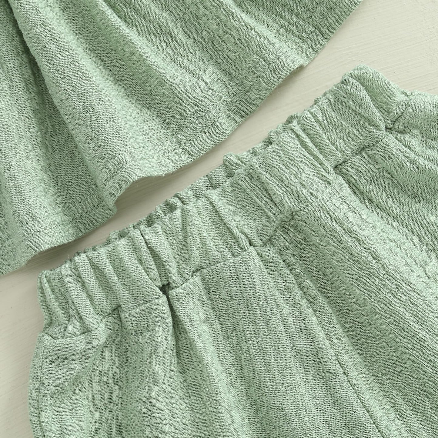Kupretty Toddler Girl Summer Clothes Baby Solid Linen Outfit Bows Ruffle Tank Tops Shirts + Ruffled Short Set